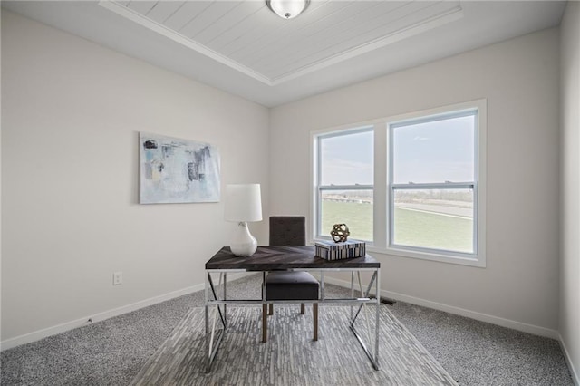 11487 S Cornice St, Olathe, KS 66061 - carpeted office space with baseboards, crown molding, and a tray ceiling