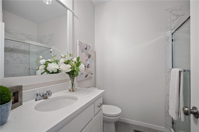 11487 S Cornice St, Olathe, KS 66061 - bathroom featuring vanity, toilet, a stall shower, and baseboards