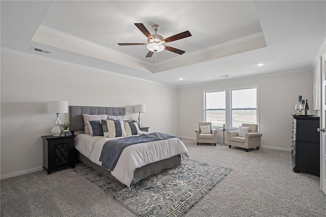 11487 S Cornice St, Olathe, KS 66061 - bedroom with a raised ceiling, light colored carpet, ornamental molding, baseboards, and ceiling fan