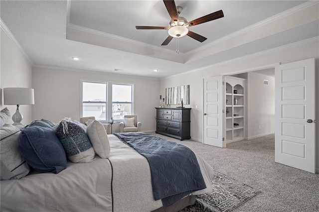 11487 S Cornice St, Olathe, KS 66061 - bedroom featuring carpet, a tray ceiling, crown molding, a ceiling fan, and baseboards