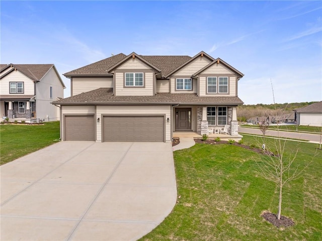 11487 S Cornice St, Olathe, KS 66061 - view of front of property with concrete driveway, a porch, a front lawn, roof with shingles, and an attached garage