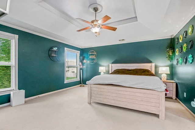 600 N Oak St, Gardner, KS 66030 - bedroom featuring carpet flooring, a raised ceiling, crown molding, and ceiling fan