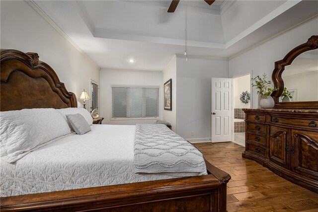 14165 Ashbury Ct, Basehor, KS 66007 - bedroom featuring dark wood-type flooring, ornamental molding, recessed lighting, ceiling fan, and baseboards