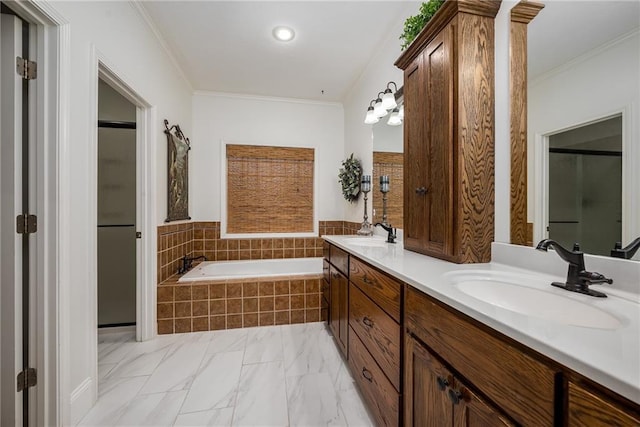 14165 Ashbury Ct, Basehor, KS 66007 - full bathroom featuring crown molding, double vanity, a garden tub, and marble finish flooring