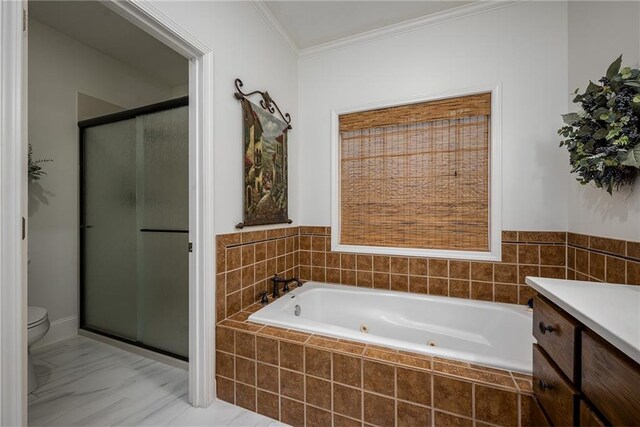 14165 Ashbury Ct, Basehor, KS 66007 - bathroom with a shower stall, toilet, a whirlpool tub, vanity, and ornamental molding