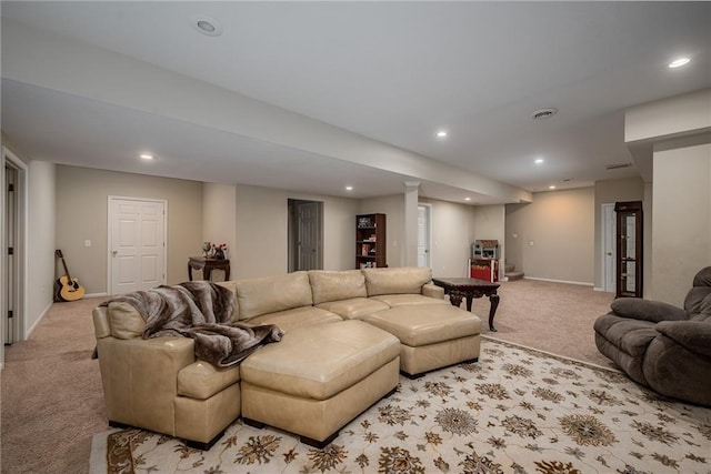 14165 Ashbury Ct, Basehor, KS 66007 - living room with light colored carpet, recessed lighting, and baseboards