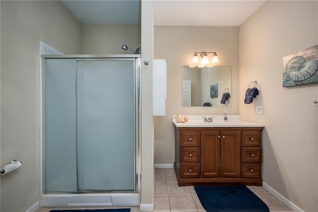 14165 Ashbury Ct, Basehor, KS 66007 - bathroom with a stall shower, vanity, tile patterned floors, and baseboards