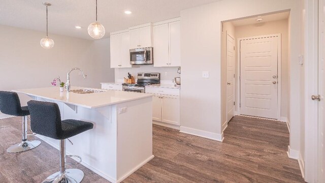 13333 W 180th St, Overland Park, KS 66013 - kitchen with appliances with stainless steel finishes, a sink, dark wood-type flooring, an island with sink, and a breakfast bar