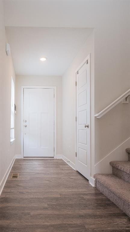 13333 W 180th St, Overland Park, KS 66013 - foyer entrance featuring baseboards, wood finished floors, stairway, and recessed lighting