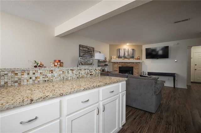 706 Cedar Dr Unit C, Warrensburg, MO 64093 - kitchen with dark wood-style floors, white cabinets, a fireplace, light stone countertops, and open floor plan