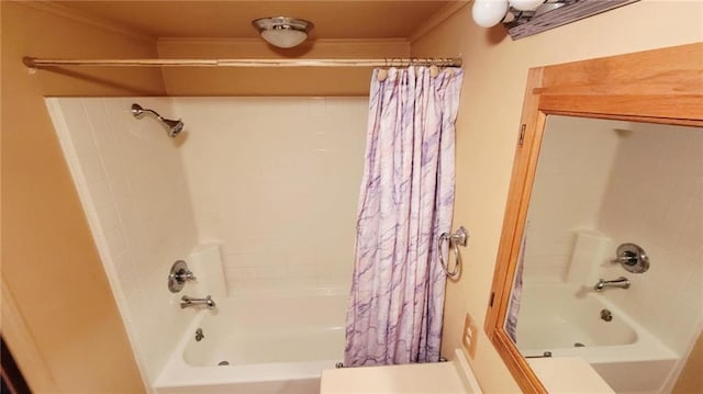 1045 Yale Rd, Mapleton, KS 66754 - full bath with shower / tub combo with curtain and ornamental molding