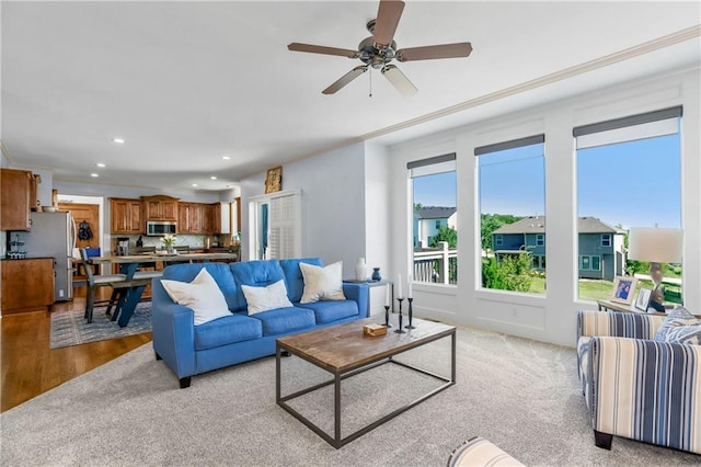 21222 W 46th Ter, Shawnee, KS 66218 - living room with recessed lighting, ceiling fan, and light wood-style floors