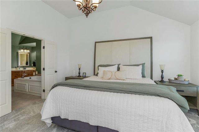 21222 W 46th Ter, Shawnee, KS 66218 - bedroom featuring a chandelier, lofted ceiling, ensuite bath, light carpet, and light tile patterned flooring