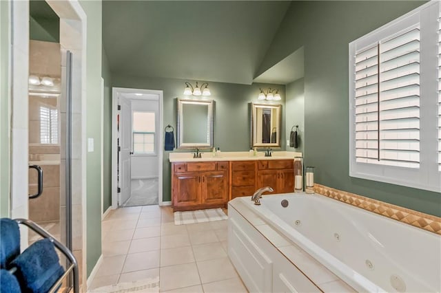 21222 W 46th Ter, Shawnee, KS 66218 - full bath with a stall shower, double vanity, a whirlpool tub, tile patterned floors, and lofted ceiling