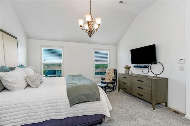 21222 W 46th Ter, Shawnee, KS 66218 - bedroom with lofted ceiling, a chandelier, and light colored carpet
