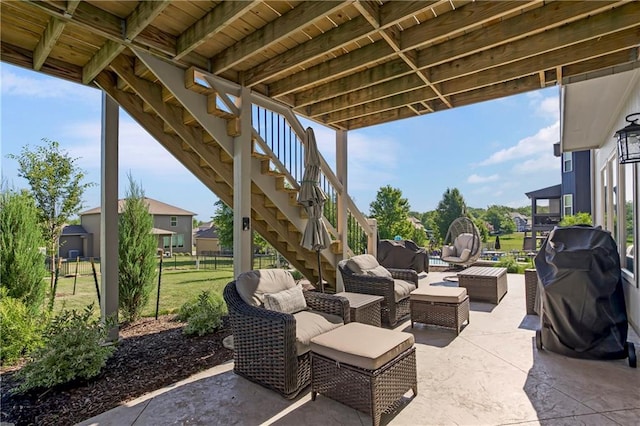 21222 W 46th Ter, Shawnee, KS 66218 - view of patio with stairs, an outdoor living space, and a grill