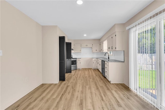 11704 E 76th Ter, Raytown, MO 64138 - kitchen with appliances with stainless steel finishes, a sink, light wood-style floors, white cabinets, and light countertops