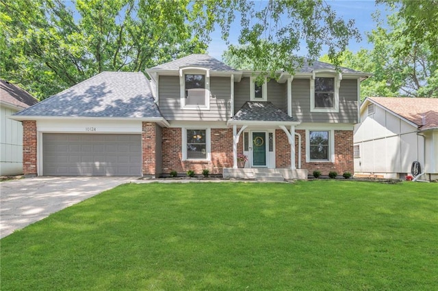 10124 Halsey St, Lenexa, KS 66215 - view of front of property with a garage, brick siding, concrete driveway, and a front yard