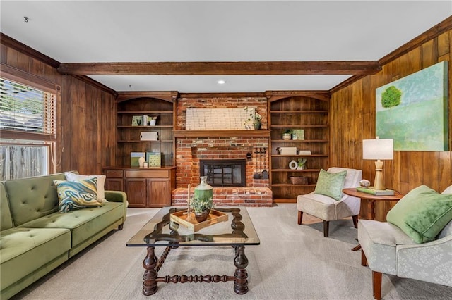 10124 Halsey St, Lenexa, KS 66215 - living area featuring wooden walls, beamed ceiling, built in shelves, light colored carpet, and a fireplace