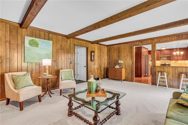 10124 Halsey St, Lenexa, KS 66215 - living area with beamed ceiling, light carpet, and wood walls