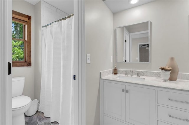 10124 Halsey St, Lenexa, KS 66215 - bathroom featuring toilet, vanity, curtained shower, and marble look tiles
