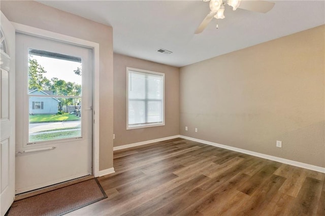 739 S Cypress St, Ottawa, KS 66067 - doorway to outside with wood finished floors, plenty of natural light, and ceiling fan