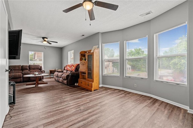 106 Saratoga St, Excelsior Springs, MO 64024 - living room with ceiling fan, wood finished floors, and a textured ceiling