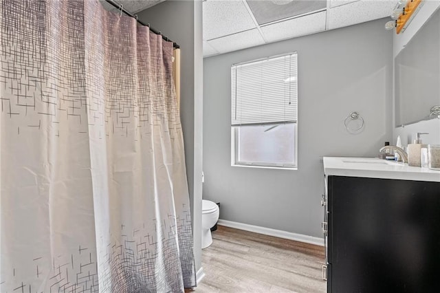 106 Saratoga St, Excelsior Springs, MO 64024 - bathroom featuring vanity, wood finished floors, a drop ceiling, and a shower with curtain