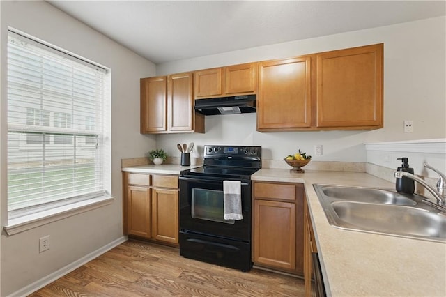 5610 NE 80th Ter Unit 1D, Kansas City, MO 64119 - kitchen with black / electric stove, under cabinet range hood, a sink, light wood-style flooring, and light countertops