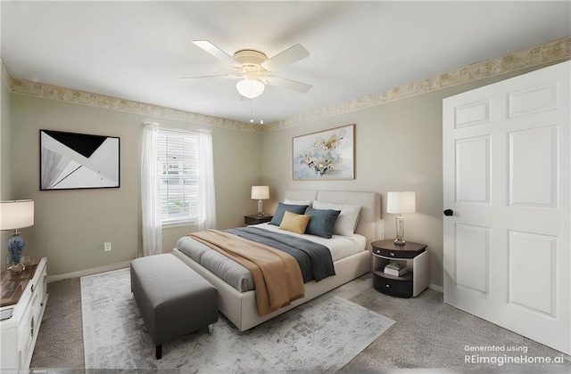 5610 NE 80th Ter Unit 1D, Kansas City, MO 64119 - bedroom featuring light carpet, baseboards, and ceiling fan