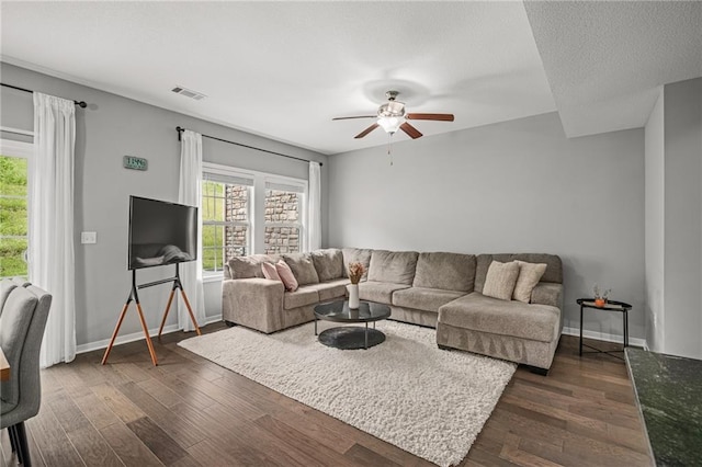 16059 Fontana St Unit 204, Overland Park, KS 66085 - living room with ceiling fan, dark wood-type flooring, and baseboards