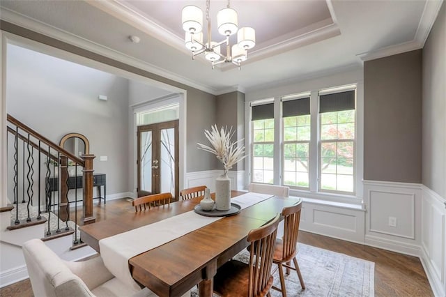 14095 NW 60th Ct, Parkville, MO 64152 - dining room with a chandelier, wainscoting, stairway, a raised ceiling, and french doors