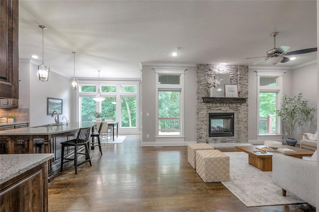 14095 NW 60th Ct, Parkville, MO 64152 - living room featuring ornamental molding, dark wood-type flooring, a stone fireplace, a ceiling fan, and recessed lighting