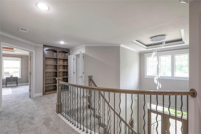 14095 NW 60th Ct, Parkville, MO 64152 - hall with an upstairs landing, healthy amount of natural light, crown molding, carpet flooring, and recessed lighting