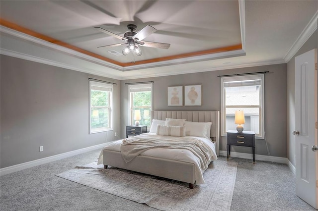 14095 NW 60th Ct, Parkville, MO 64152 - carpeted bedroom with a raised ceiling, ornamental molding, and ceiling fan
