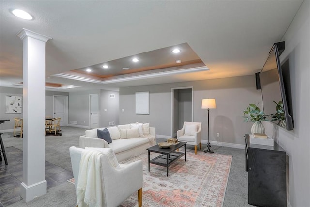 14095 NW 60th Ct, Parkville, MO 64152 - living room featuring a raised ceiling, light carpet, recessed lighting, decorative columns, and ornamental molding