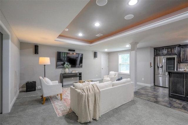 14095 NW 60th Ct, Parkville, MO 64152 - living room featuring recessed lighting, ornate columns, and a raised ceiling