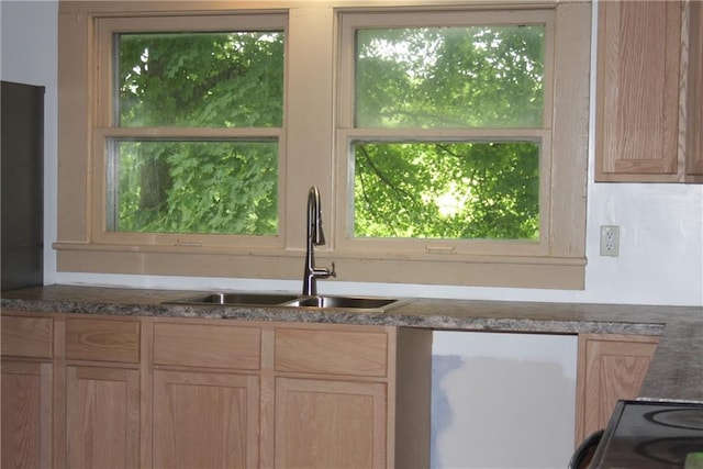 45 SW 675th Rd, Warrensburg, MO 64093 - kitchen with a sink, plenty of natural light, light brown cabinets, and dark stone counters