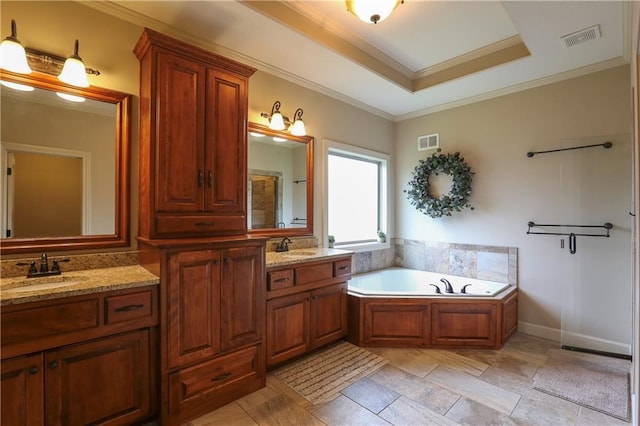 16488 S Summertree Ln, Olathe, KS 66062 - bathroom featuring double vanity, a garden tub, ornamental molding, and a raised ceiling