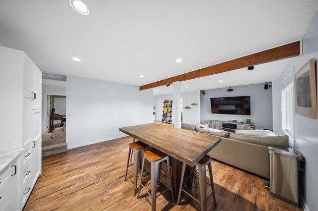 2640 Union Rd, Lawrence, KS 66044 - dining room featuring beamed ceiling, light wood finished floors, and recessed lighting