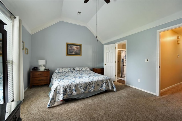 404 NE 96th Ter, Kansas City, MO 64155 - carpeted bedroom featuring vaulted ceiling, baseboards, and a ceiling fan