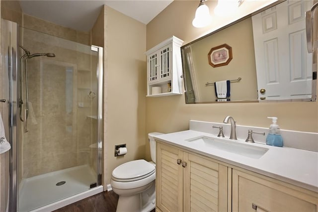 404 NE 96th Ter, Kansas City, MO 64155 - bathroom featuring toilet, vanity, a shower stall, and wood finished floors