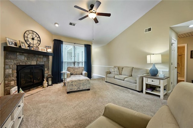 404 NE 96th Ter, Kansas City, MO 64155 - carpeted living room featuring vaulted ceiling, a ceiling fan, a fireplace, and baseboards