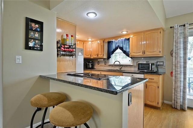 404 NE 96th Ter, Kansas City, MO 64155 - kitchen featuring a sink, stainless steel microwave, light brown cabinets, stovetop, and baseboards