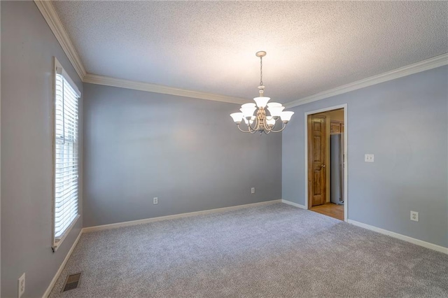 324 N Persimmon Dr, Olathe, KS 66061 - empty room with ornamental molding, light carpet, a chandelier, and a textured ceiling