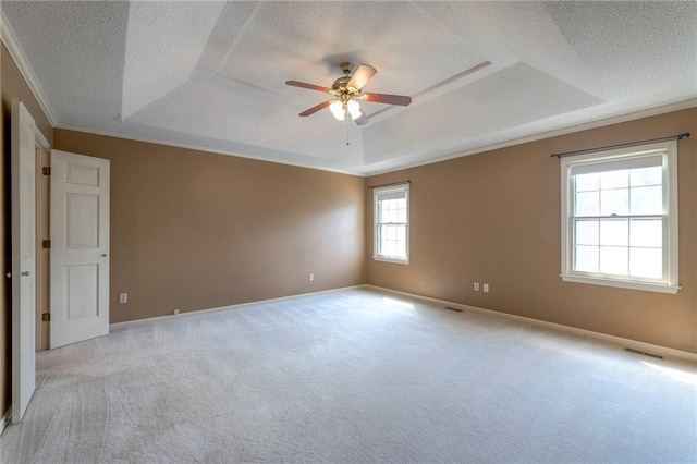 324 N Persimmon Dr, Olathe, KS 66061 - unfurnished room featuring a tray ceiling, a textured ceiling, a ceiling fan, ornamental molding, and light carpet