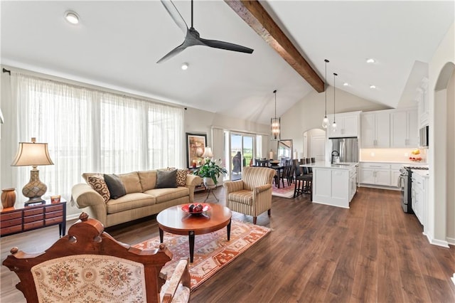 21115 W 186th Ter, Spring Hill, KS 66083 - living room with beamed ceiling, ceiling fan, dark wood-type flooring, high vaulted ceiling, and recessed lighting