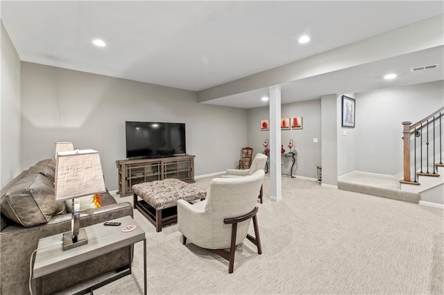 21115 W 186th Ter, Spring Hill, KS 66083 - living area with stairway, light colored carpet, recessed lighting, and baseboards