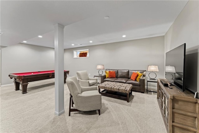 21115 W 186th Ter, Spring Hill, KS 66083 - carpeted living area featuring pool table, recessed lighting, and baseboards