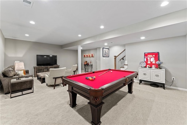 21115 W 186th Ter, Spring Hill, KS 66083 - game room featuring light colored carpet, recessed lighting, billiards table, and baseboards